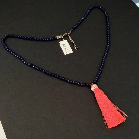 Navy beaded necklace with florescent orange thread tassel - Picture 9 of 12